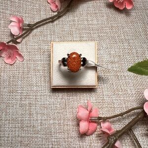 Size 10 | Silver Boho Gemstone Ring – Large Oval Venturina, Chunky Statement